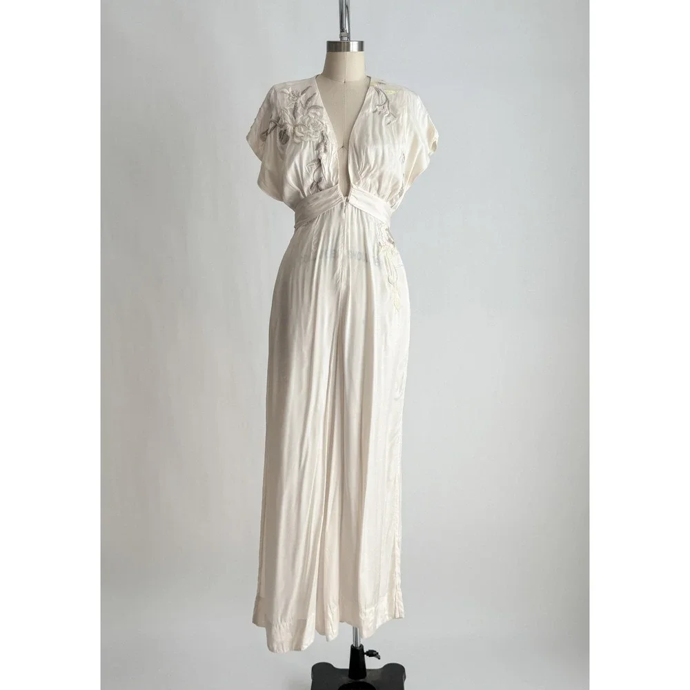 Free People In the Mood for Love cream‎ embroidered wide leg jumpsuit size S